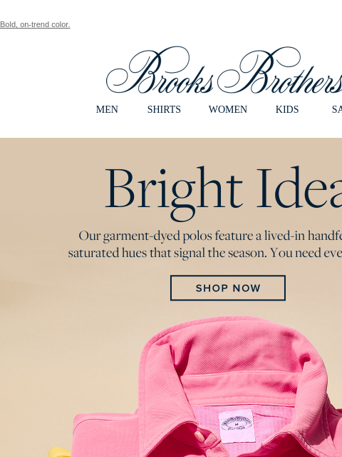 Bold, on-trend color. View in web browser Brooks Brothers MEN SHIRTS WOMEN KIDS SALE Bright Idea. Our garment-dyed polos feature a lived-in handfeel and saturated hues that signal the season. You need