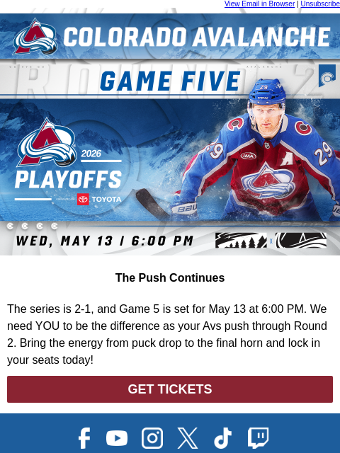 thecoloradoavalanche newsletter: ⛰️ Game 5 Tickets Are On Sale