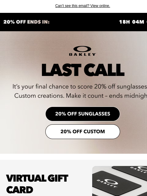 oakley newsletter: 20% Off Ends Tonight