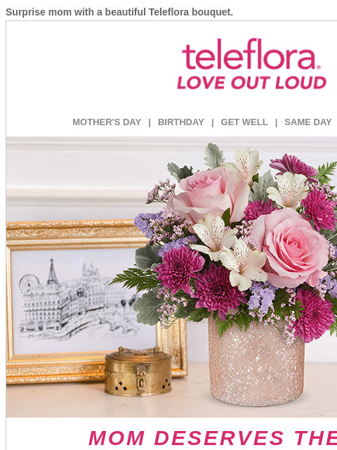 Surprise mom with a beautiful Teleflora bouquet. View in browser ‌ teleflora MOTHER'S DAY | BIRTHDAY | GET WELL | SAME DAY | DEAL OF THE DAY Teleflora's Blooming Brilliant Bouquet MOM DESERVES