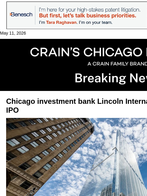crainalerts newsletter: Chicago investment bank plans IPO