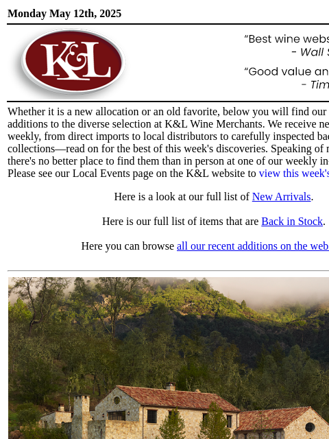 Our Newest Adds and Returning Favorites, All In One Place... Monday May 12th, 2025 View in Browser KL-emailheader.png Whether it is a new allocation or an old favorite, below you will find our most