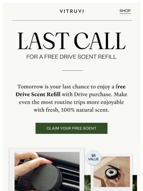 vitruvi newsletter: Final Hours For FREE Drive Scent Refill 🚙