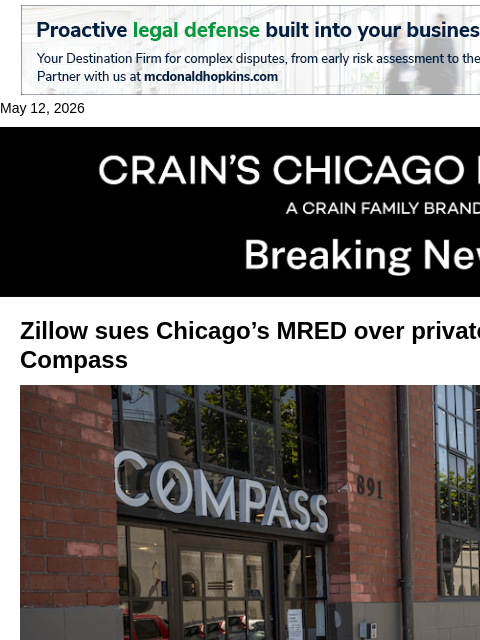 crainalerts newsletter: Zillow sues Chicago home listing service