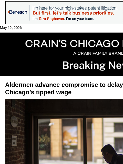 crainalerts newsletter: Tipped wage compromise teed up for vote