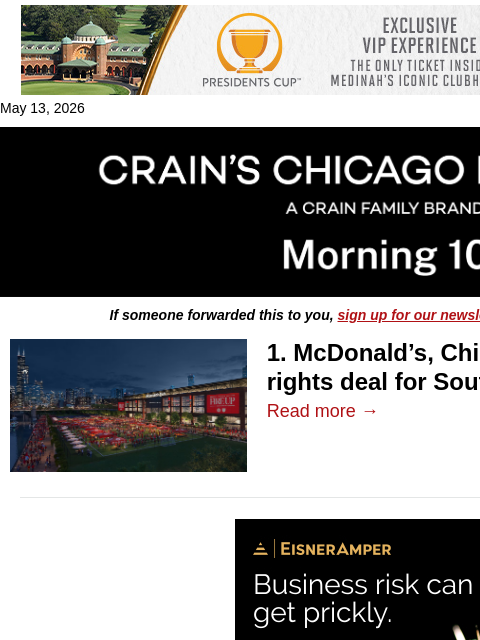 crainalerts newsletter: McDonald’s, Chicago Fire strike naming rights deal
