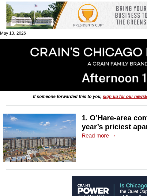crainalerts newsletter: Chicago's biggest apartment sale of 2026