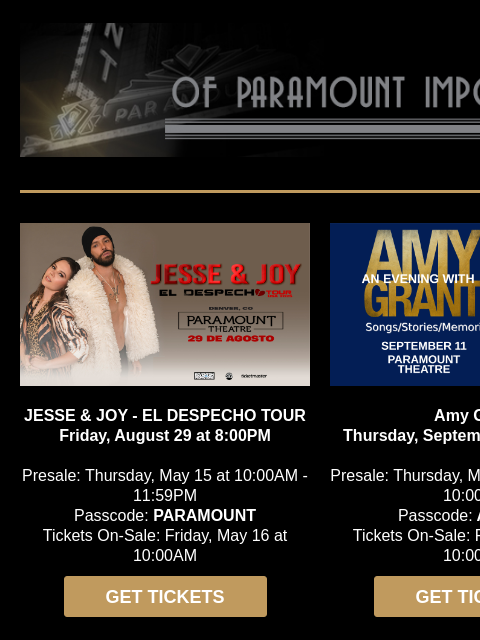 Amy Grant, Jesse & Joy, X Ambassadors, Twins Peaks, Boz Scaggs, Straight No Chaser, Wheel of Fortune LIVE, Jorma Kaukonen, Tommy Emmanuel Jesse & Joy JESSE & JOY - EL DESPECHO TOUR Friday,