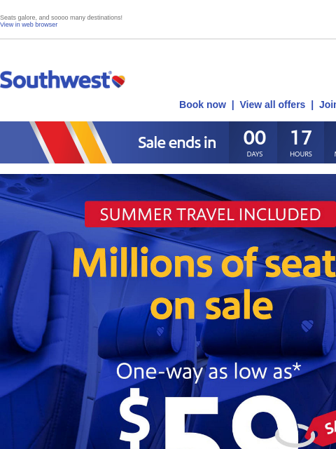 southwest newsletter: $59 sale ends TODAY. Summer travel included!