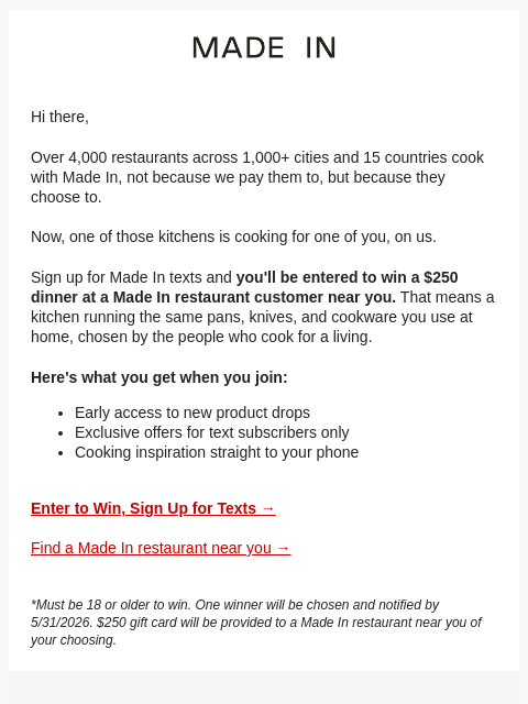madeincookware newsletter: Dinner's on us.