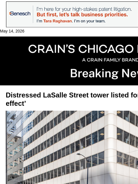 crainalerts newsletter: Distressed LaSalle Street office tower hits the ma...