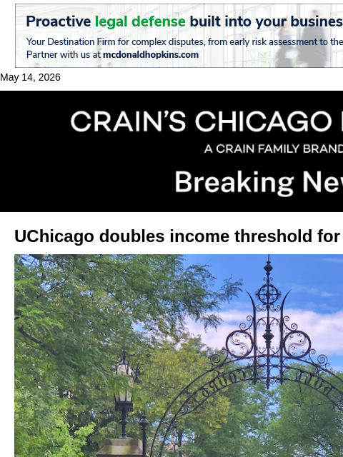 crainalerts newsletter: UChicago doubles income threshold for free tuition