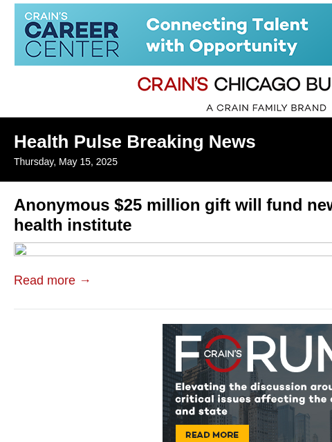 crainalerts newsletter: Anonymous $25M gift funds new NU institute