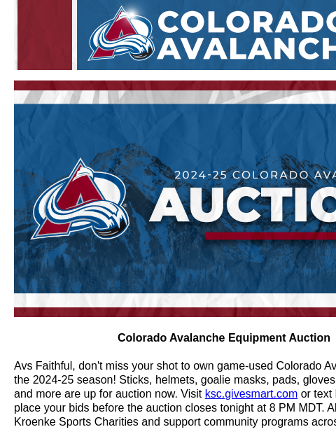 Don't miss your chance to bid and support local Colorado communities. Equipment Auction Colorado Avalanche Equipment Auction Avs Faithful, don't miss your shot to own game-used Colorado