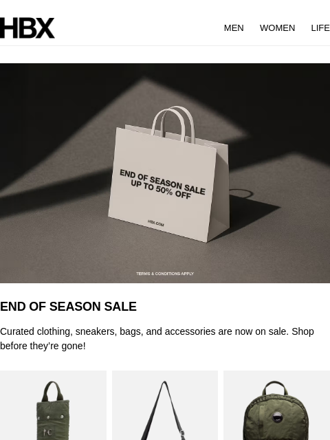 HBX MEN WOMEN LIFE END OF SEASON SALE Curated clothing, sneakers, bags, and accessories are now on sale. Shop before they're gone! THUG CLUB SCARRED QUICK SUPPLY BAG PUBLISHED BY LATE ASSEMBLY BAG