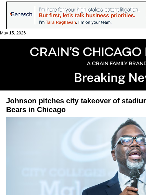 crainalerts newsletter: Johnson pitches city takeover of stadium agency to...
