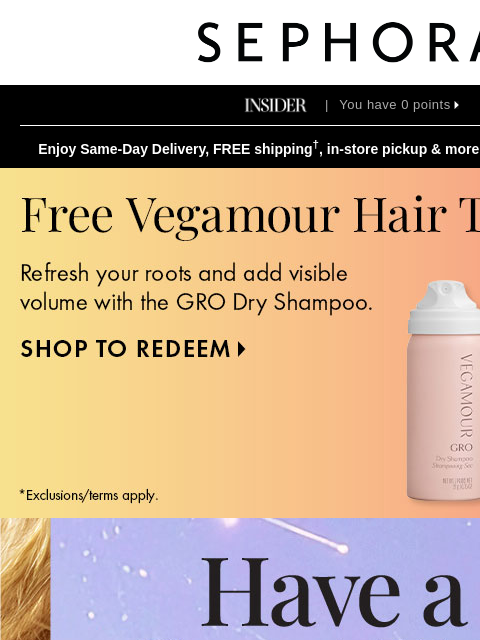 sephora newsletter: Score a FREE dry shampoo trial size from Vegamour ...