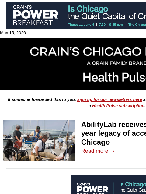 crainalerts newsletter: Shirley Ryan offers sailing through $5M gift