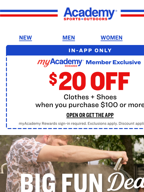 academy newsletter: TAKE $20 OFF Clothes + Shoes In-App Only