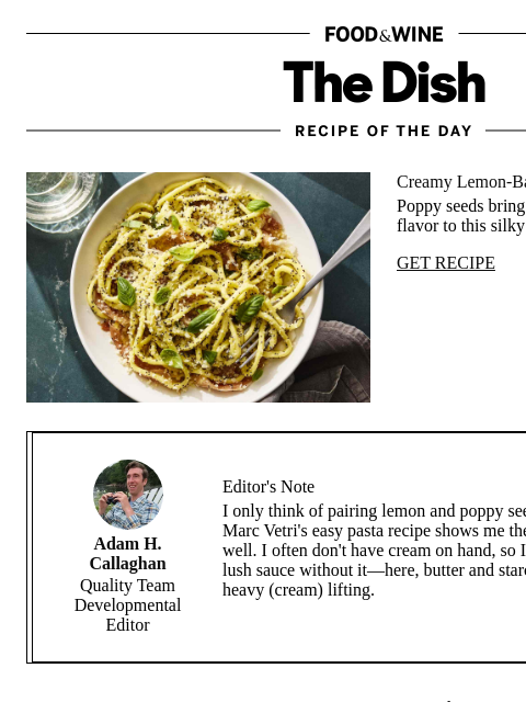 foodandwine newsletter: Creamy Lemon-Basil Pasta