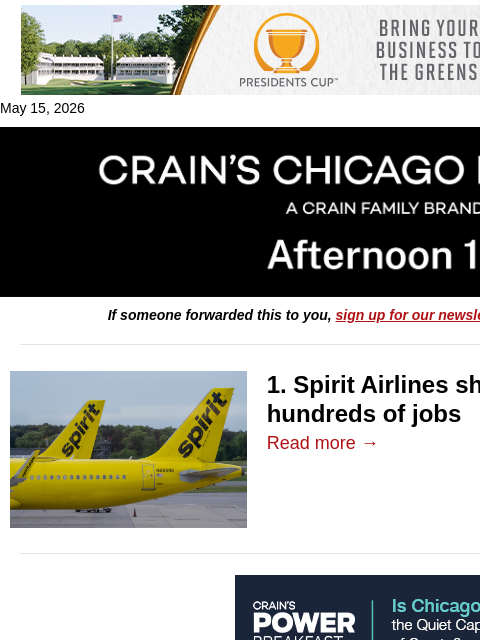 crainalerts newsletter: Spirit shutdown costs Chicago hundreds of jobs