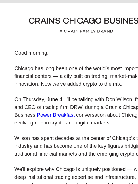 crain newsletter: Join me for a conversation with DRW’s Don Wilson