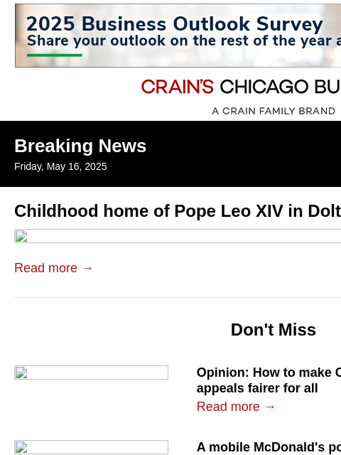 crainalerts newsletter: Pope's childhood home in Dolton going up for aucti...