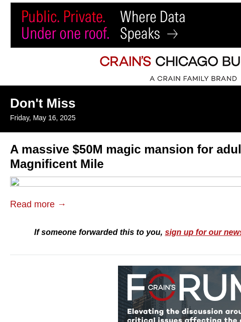 crainalerts newsletter: $50M magic mansion for adults near Mag Mile