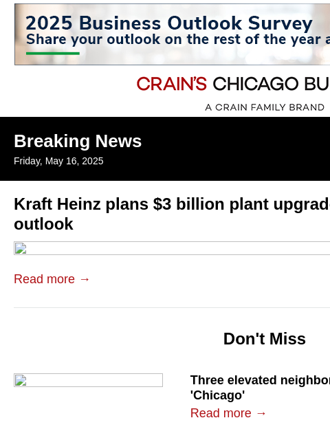 crainalerts newsletter: Kraft Heinz plans $3B in manufacturing upgrades