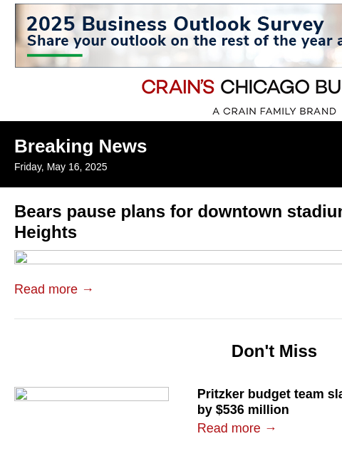 crainalerts newsletter: Bears pause plans for downtown stadium to focus on...
