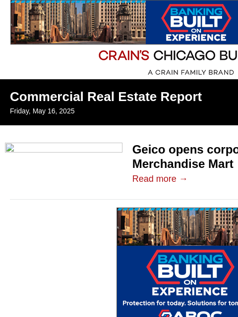 crainalerts newsletter: Geico opens corporate hub in Merchandise Mart