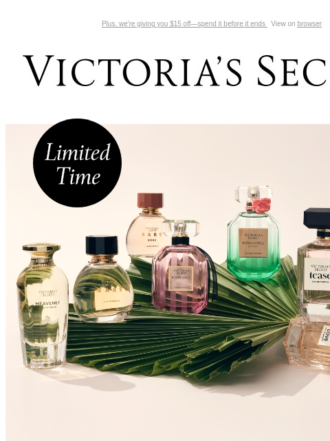 Plus, we're giving you $15 off—spend it before it ends View on browser Victoria's Secret VSCC Available Credit Introduction Shop Now Shop Now Shop Now Display images to show real-time content