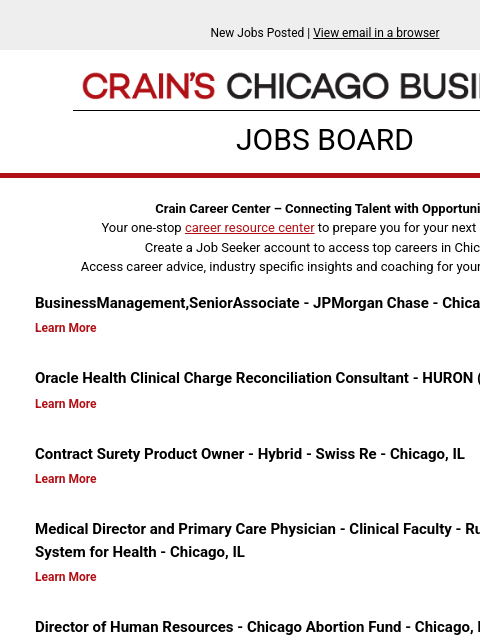 crainalerts newsletter: New jobs posted: BusinessManagement,SeniorAssociat...