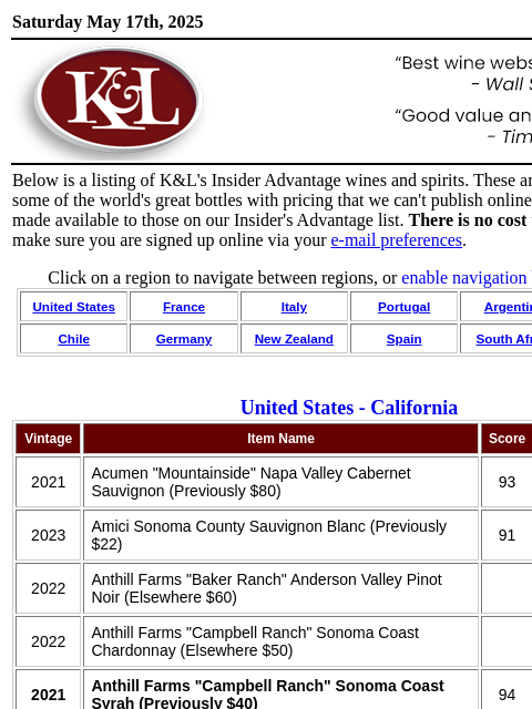 Exclusive discounts and special pricing... Saturday May 17th, 2025 View in Browser KL-emailheader.gif Below is a listing of K&L's Insider Advantage wines and spirits. These are opportunities on