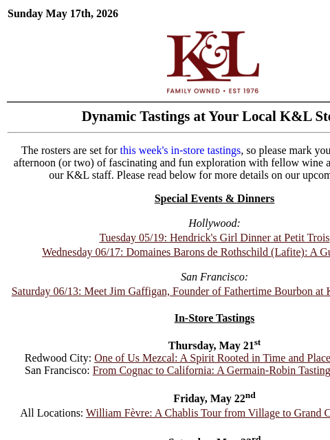klwines newsletter: Judgement of Paris Lineup, White Burgundy Tasting,...