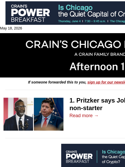 crainalerts newsletter: Governor dismisses Johnson's latest Bears pitch