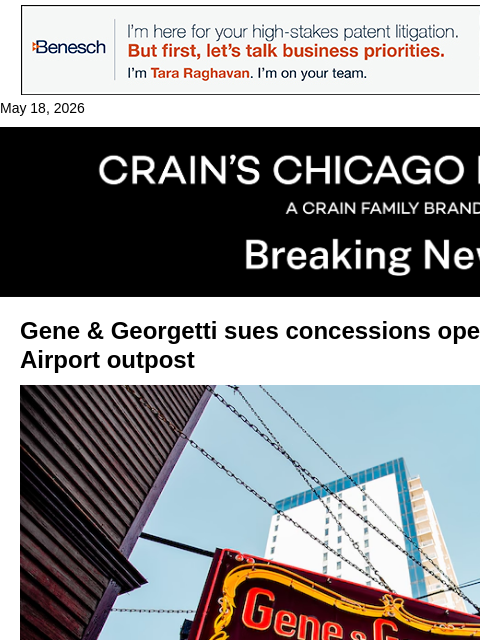 crainalerts newsletter: Gene & Georgetti sues over Midway Airport outpost