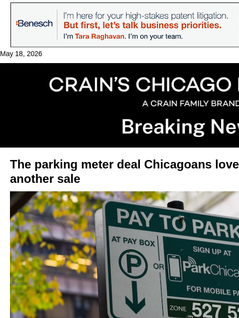crainalerts newsletter: Chicago parking meter deal is poised for a sale