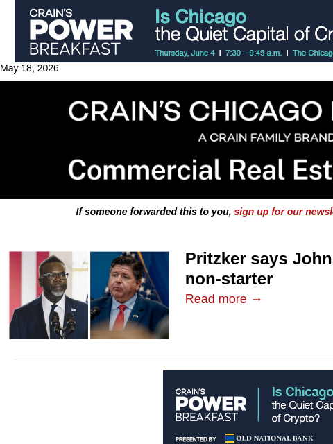 crainalerts newsletter: Pritzker says Johnson’s Bears pitch is a non-start...