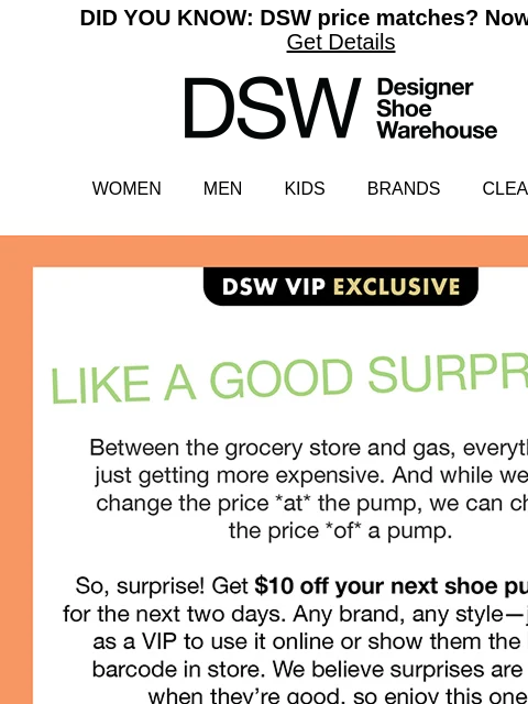 dsw newsletter: Surprise! $10 off *any* shoe