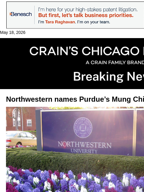 crainalerts newsletter: Northwestern names new president
