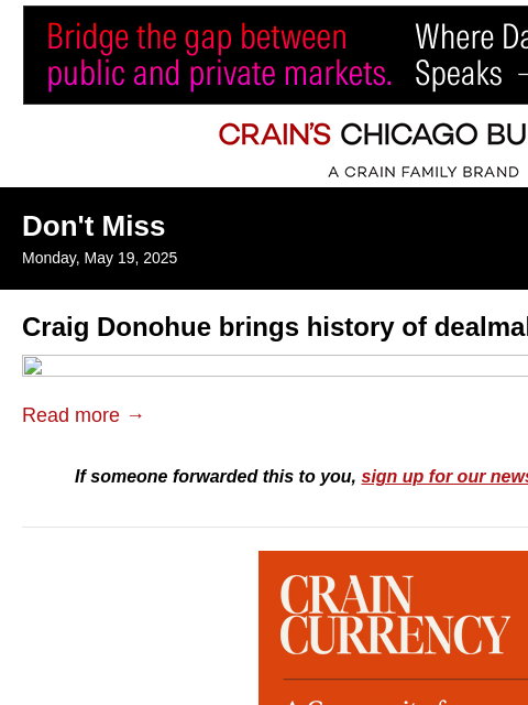 crainalerts newsletter: New CEO brings history of dealmaking to Cboe