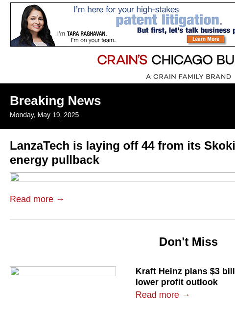 crainalerts newsletter: Layoffs at LanzaTech's Skokie HQ