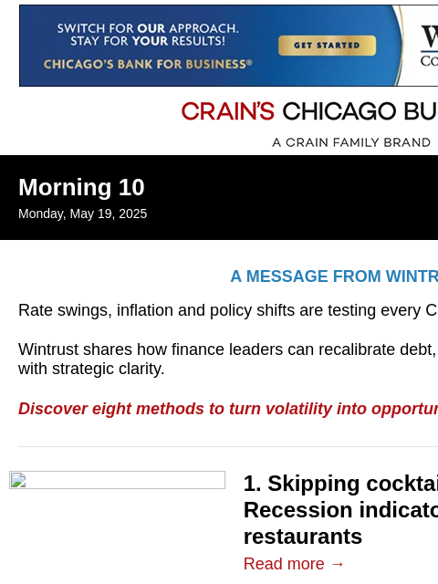 crainalerts newsletter: Recession indicators hit Chicago restaurants