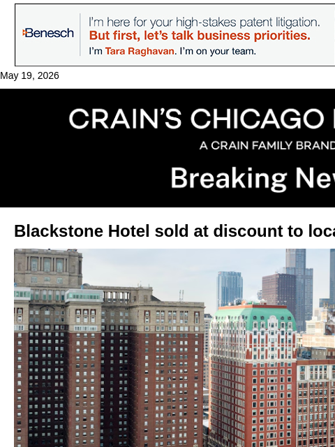 crainalerts newsletter: Blackstone Hotel sold at a discount