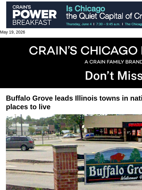 crainalerts newsletter: Buffalo Grove climbs ranking of best places to liv...
