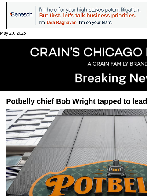crainalerts newsletter: Potbelly CEO tapped to lead Wendy's