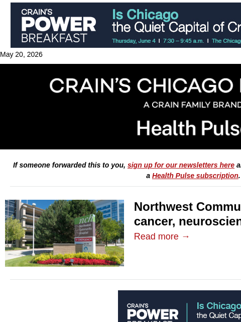 crainalerts newsletter: Northwest Community plans cancer, neuroscience cen...