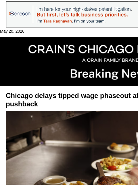 crainalerts newsletter: Chicago restaurants win two-year delay on tipped w...