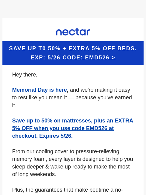 nectarsleep newsletter: Your coolest sleep yet. Memorial Day Sale starts n...